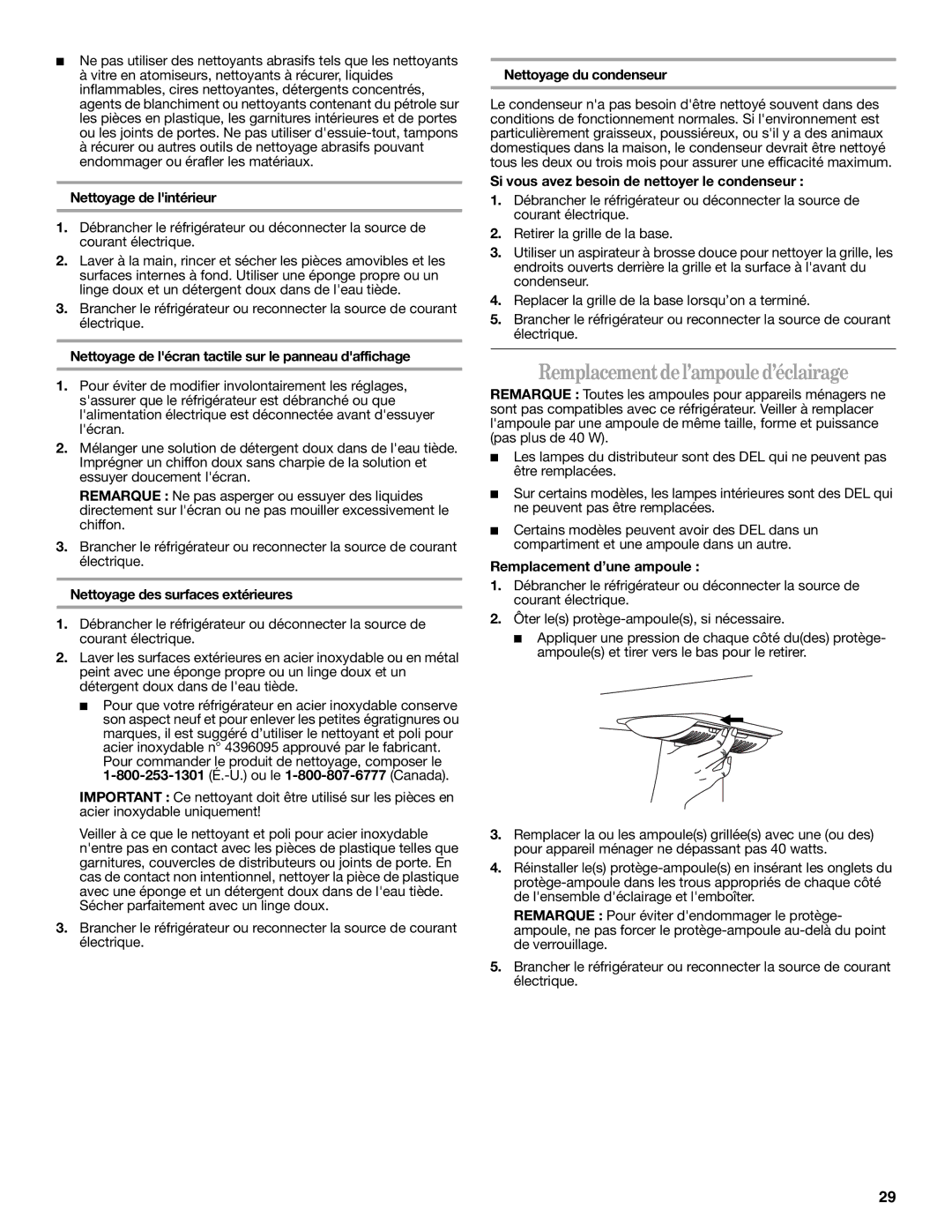 Whirlpool W10314956B installation instructions Remplacement del’ampoule d’éclairage 