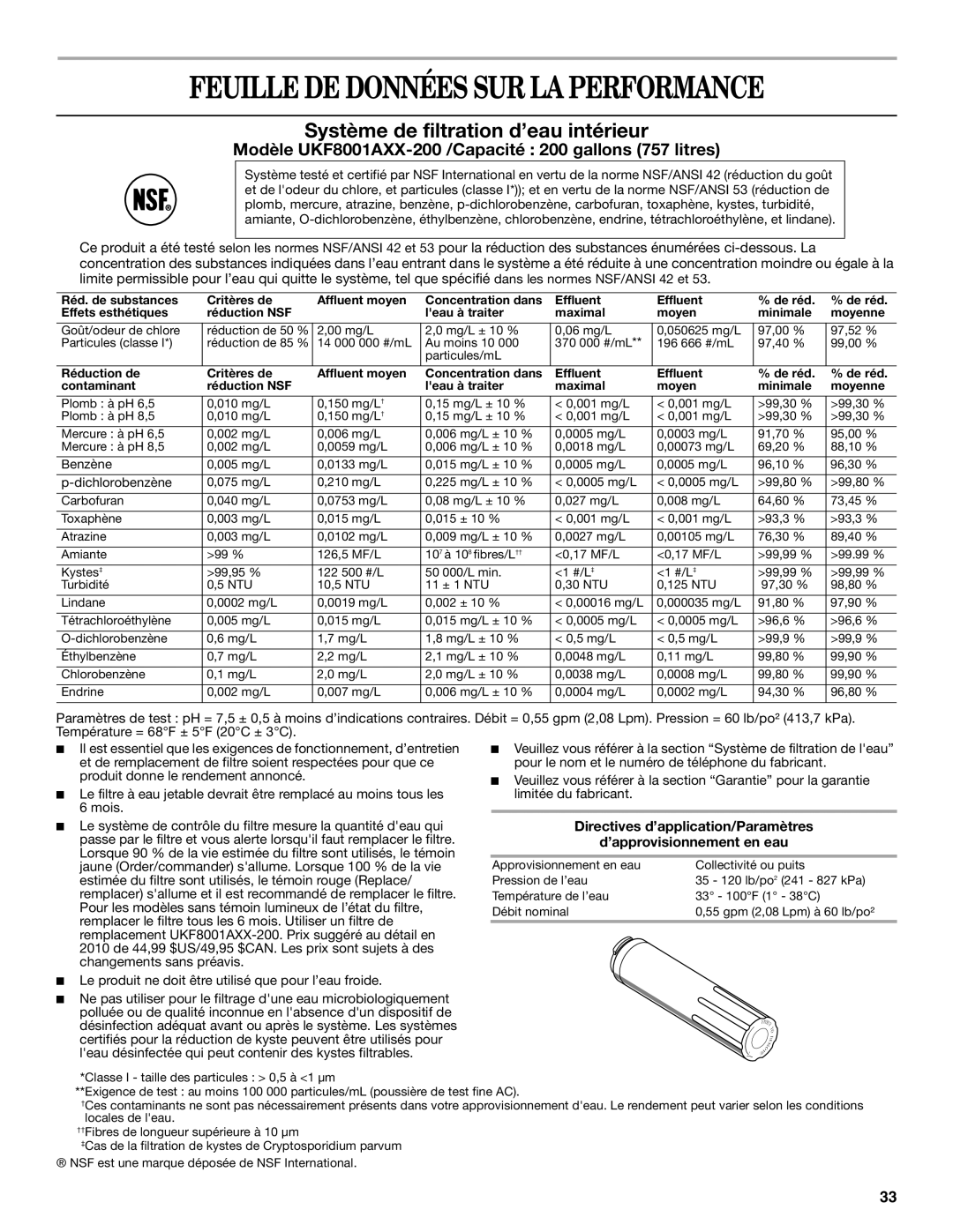 Whirlpool W10314956B installation instructions Feuille DE Données SUR LA Performance, Système de filtration d’eau intérieur 