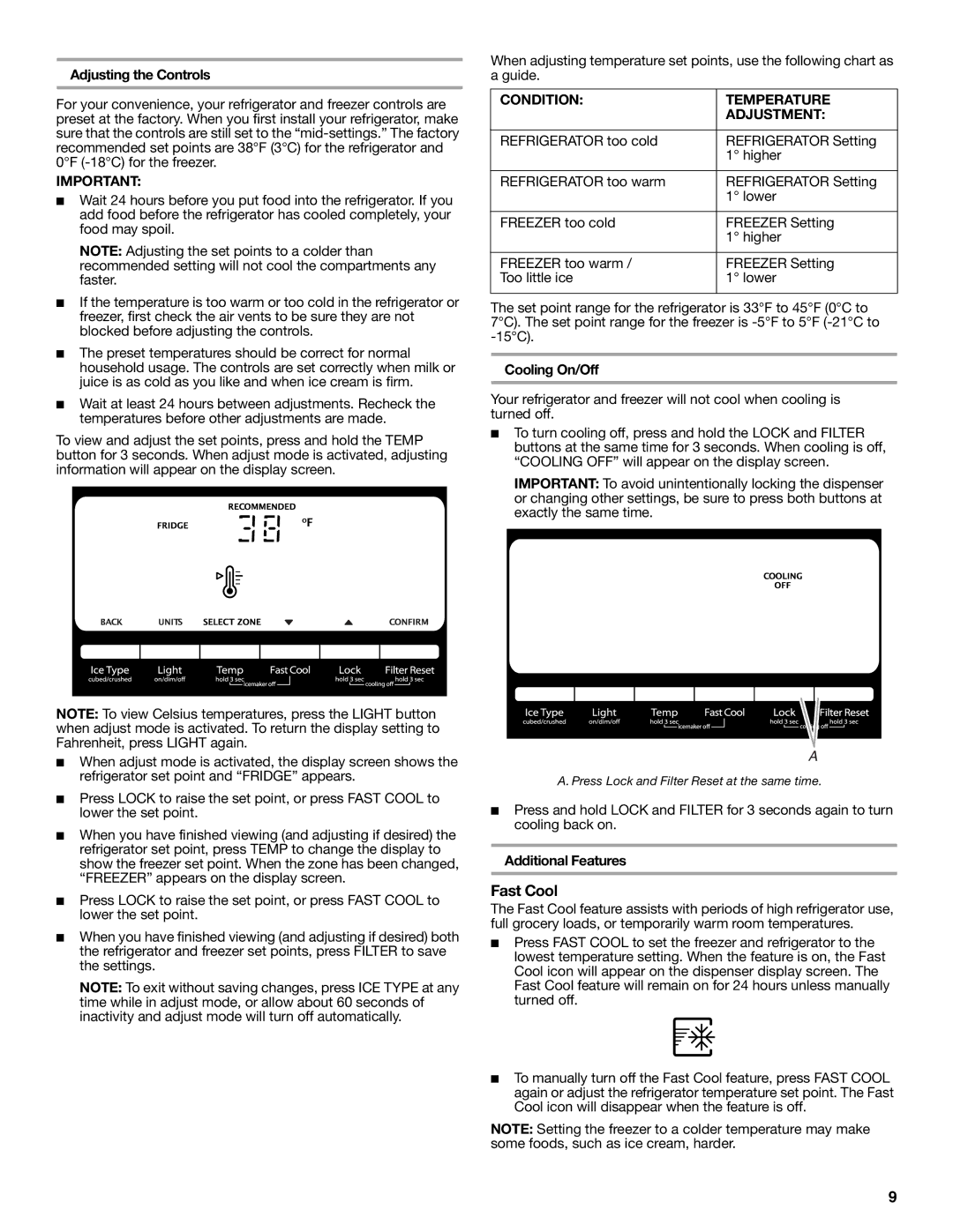 Whirlpool W10314956B Fast Cool, Adjusting the Controls, Condition Temperature Adjustment, Cooling On/Off 