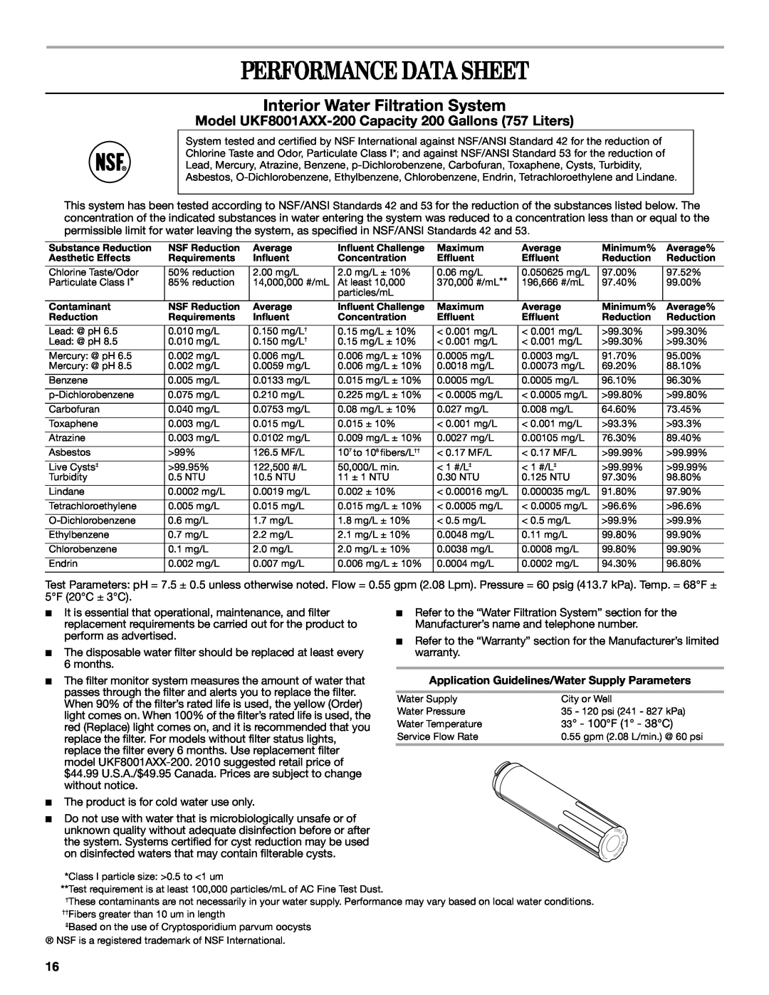 Whirlpool W10314956B installation instructions Performance Data Sheet, Interior Water Filtration System 
