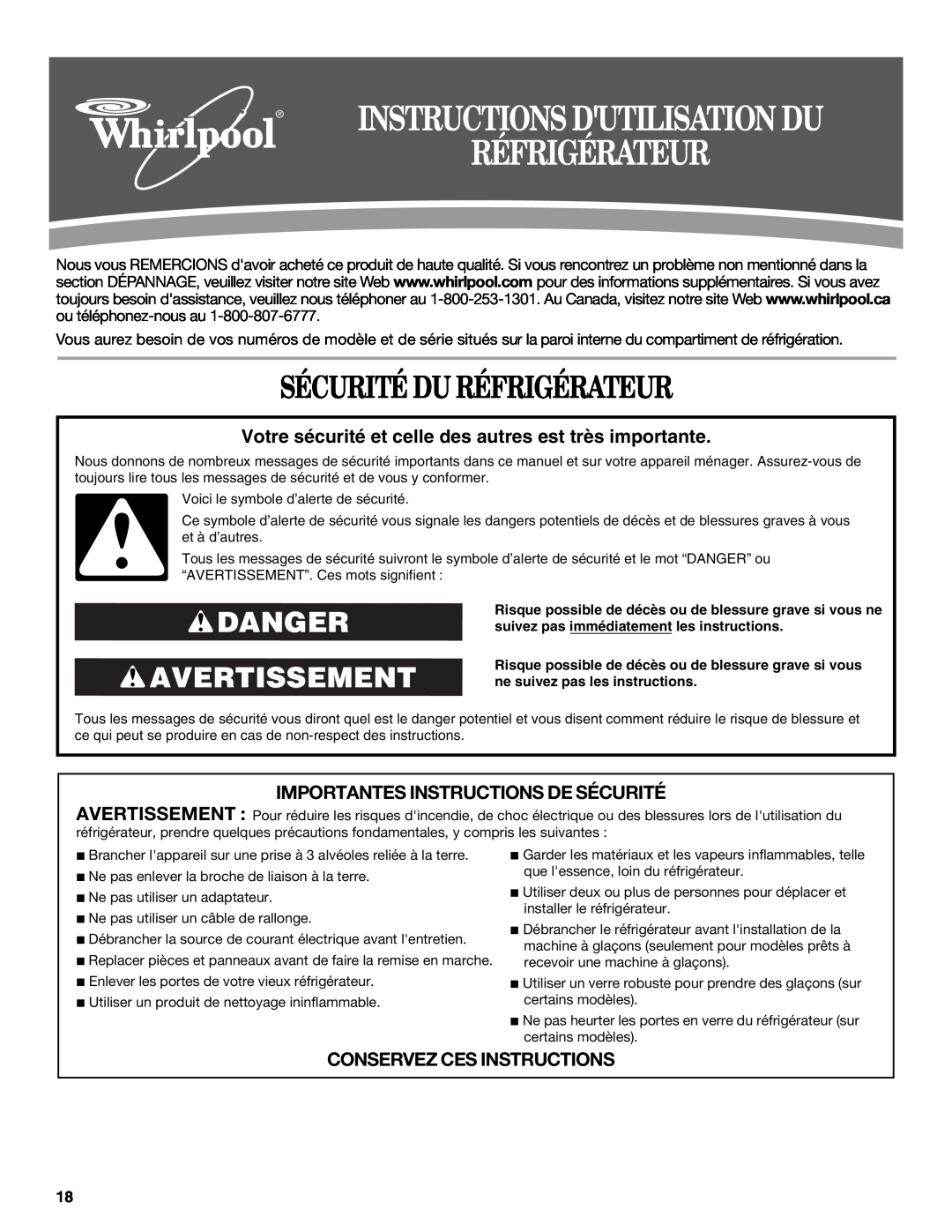 Whirlpool W10314956B Sécurité Du Réfrigérateur, Danger Avertissement, Importantes Instructions De Sécurité 