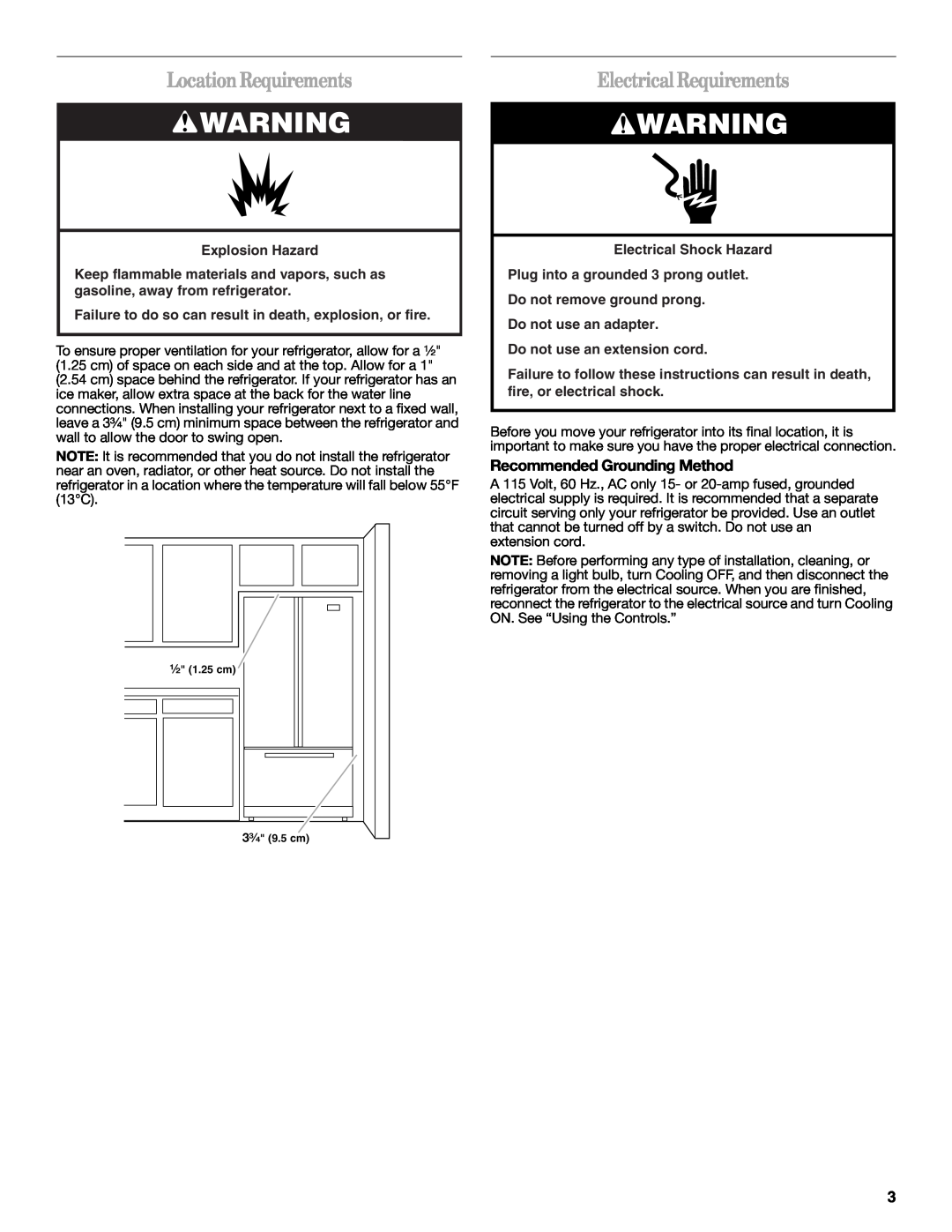Whirlpool W10314956B LocationRequirements, Electrical Requirements, Recommended Grounding Method, Explosion Hazard 