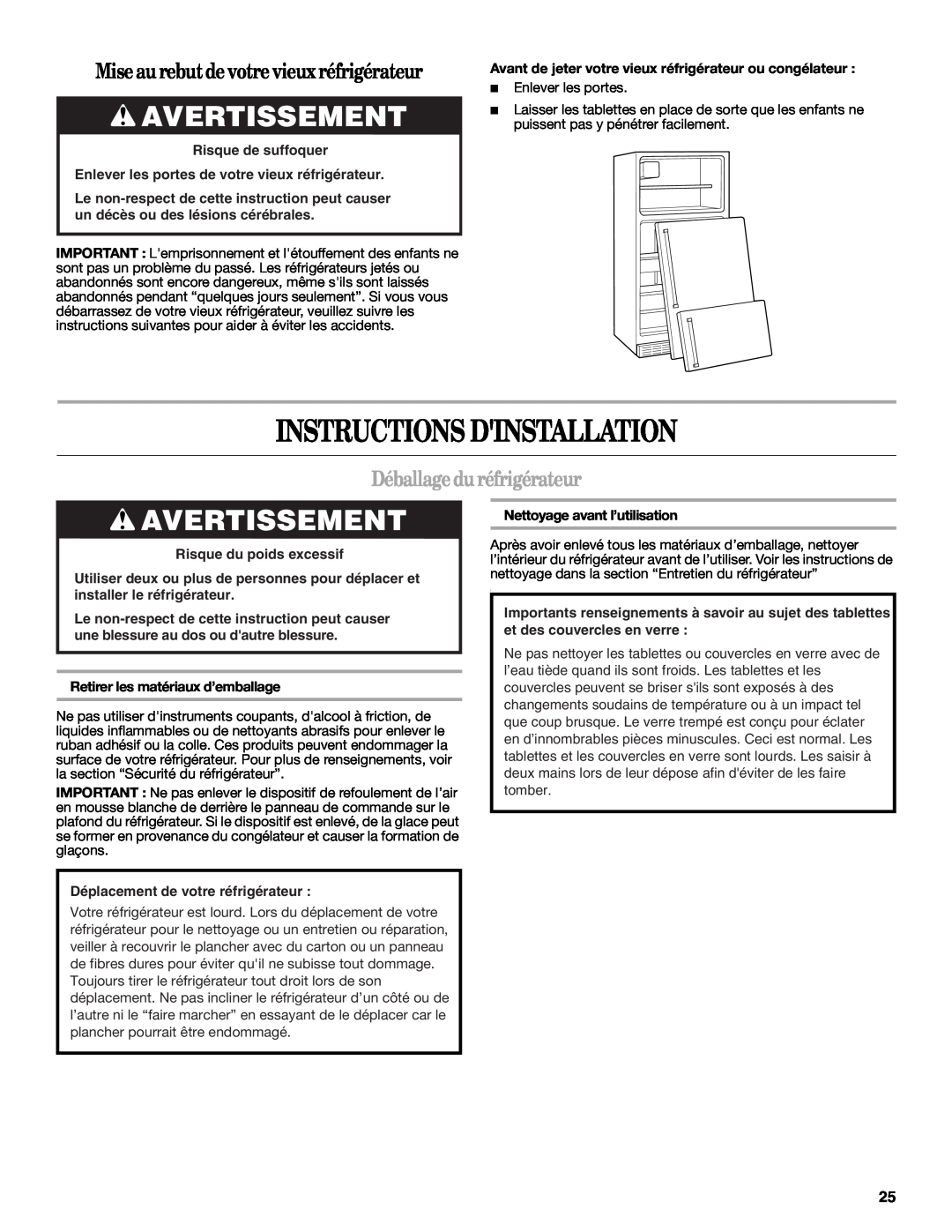 Whirlpool W10315410A Instructions Dinstallation, Avertissement, Mise au rebutde votre vieux réfrigérateur 