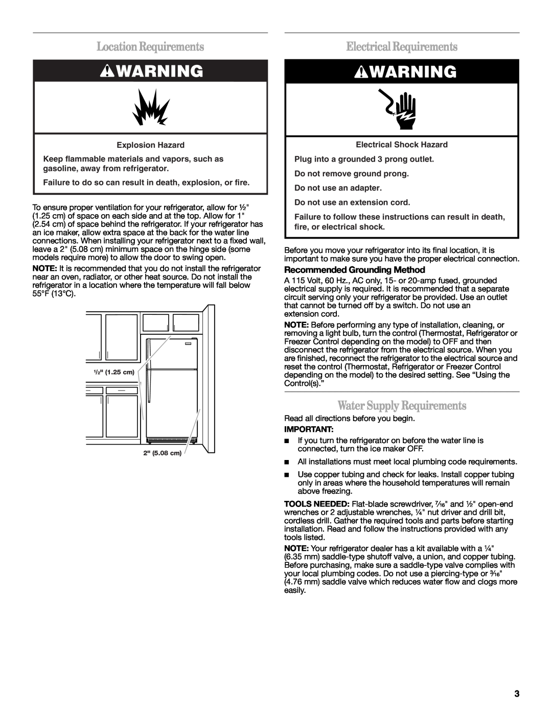 Whirlpool W10315410A LocationRequirements, Electrical Requirements, Water Supply Requirements, Explosion Hazard 