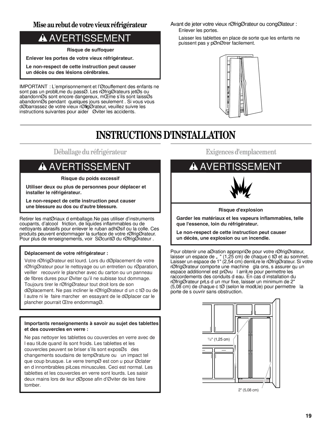 Whirlpool W10316634A Instructions Dinstallation, Déballagedu réfrigérateur, Exigences demplacement 