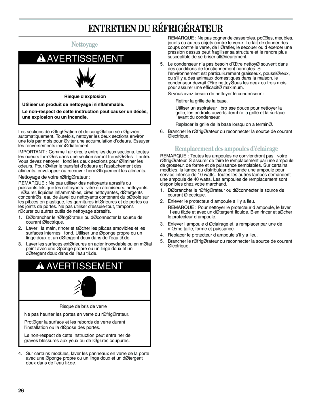 Whirlpool W10316634A installation instructions Entretien DU Réfrigérateur, Nettoyage, Remplacement des ampoules d’éclairage 