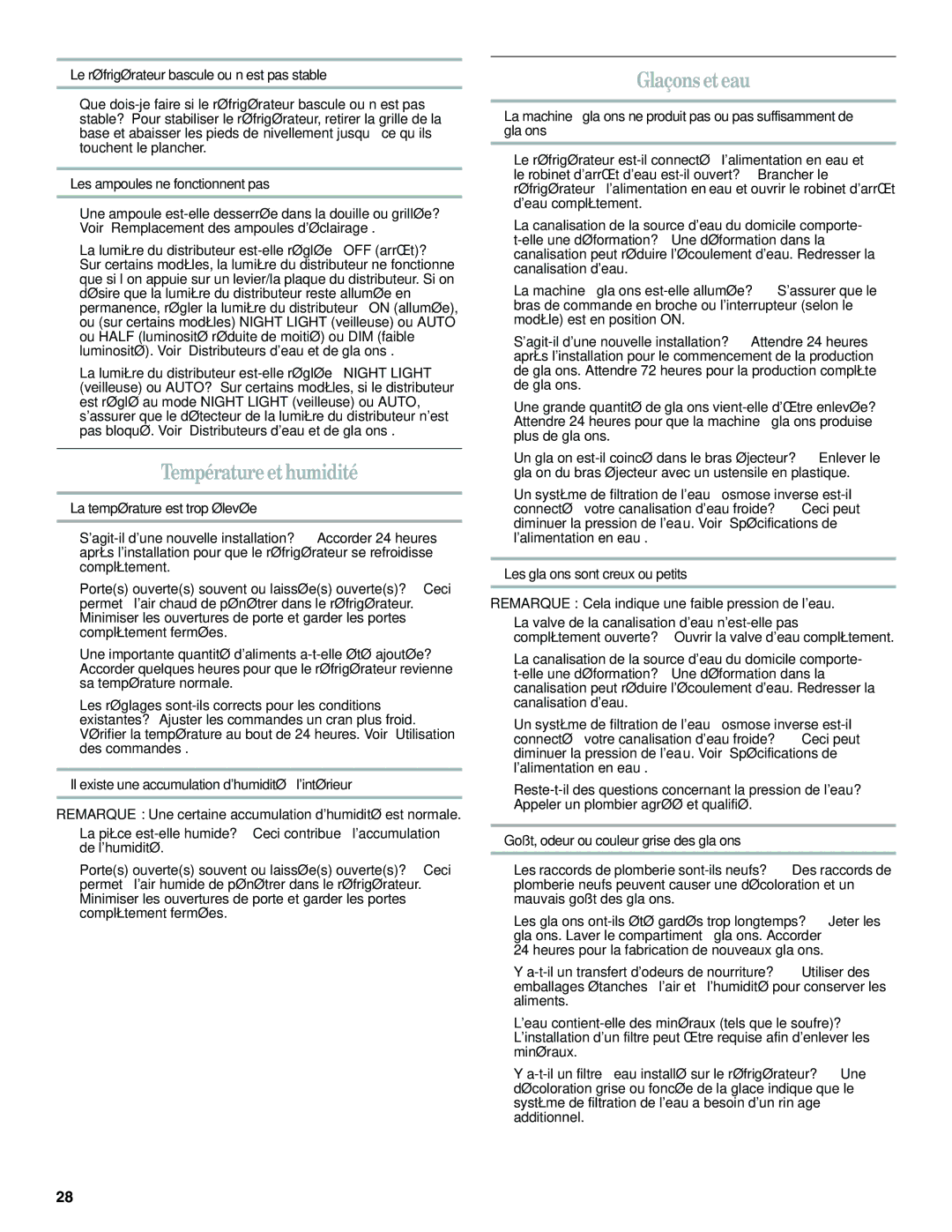 Whirlpool W10316634A installation instructions Température et humidité, Glaçons et eau 