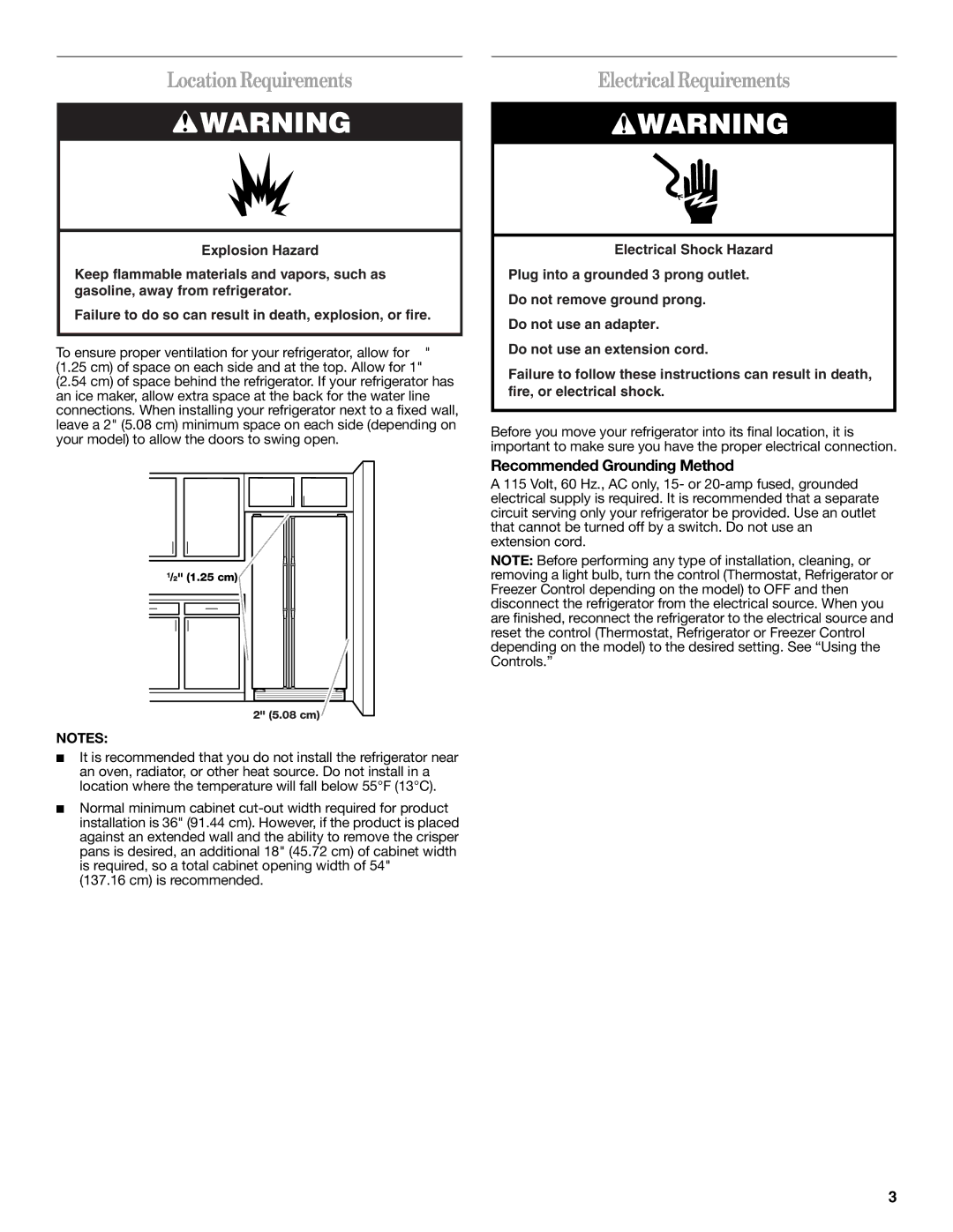 Whirlpool W10316634A installation instructions LocationRequirements, Electrical Requirements, Recommended Grounding Method 