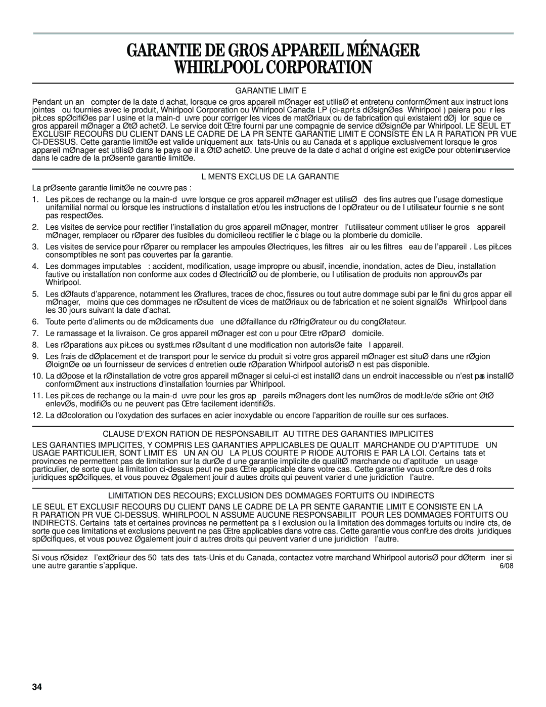 Whirlpool W10316634A installation instructions Garantie DE Gros Appareil Ménager Whirlpool Corporation, Garantie Limitée 