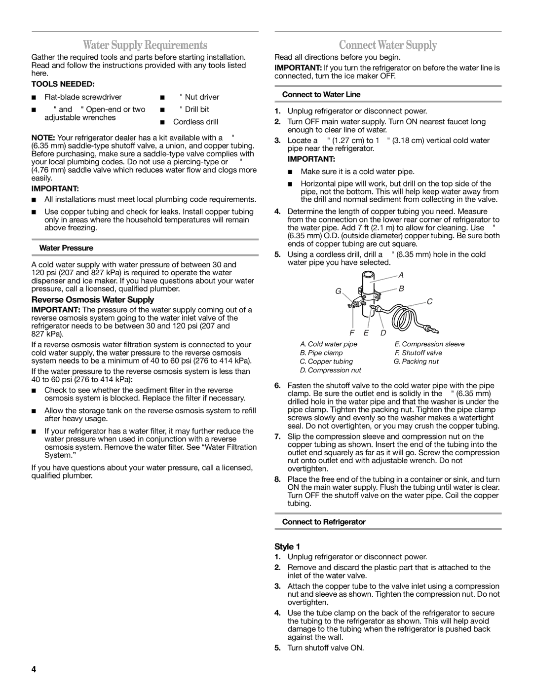 Whirlpool W10316634A Water Supply Requirements, Connect Water Supply, Reverse Osmosis Water Supply, Style, Tools Needed 