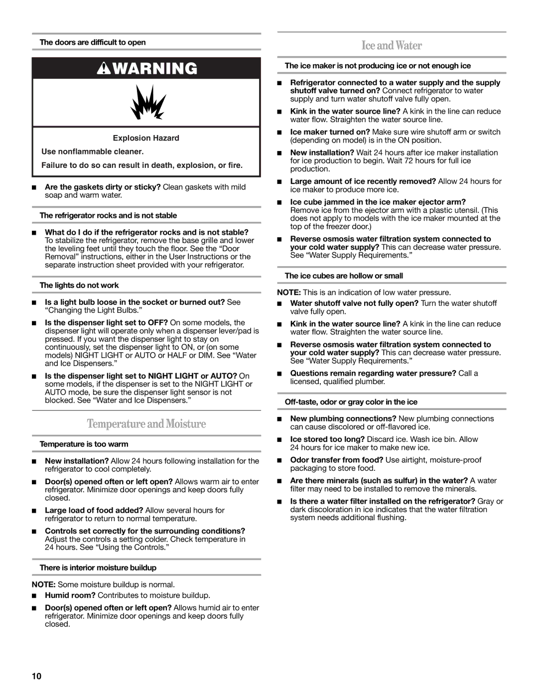 Whirlpool W10321467A installation instructions Temperature and Moisture, Ice and Water, Temperature is too warm 