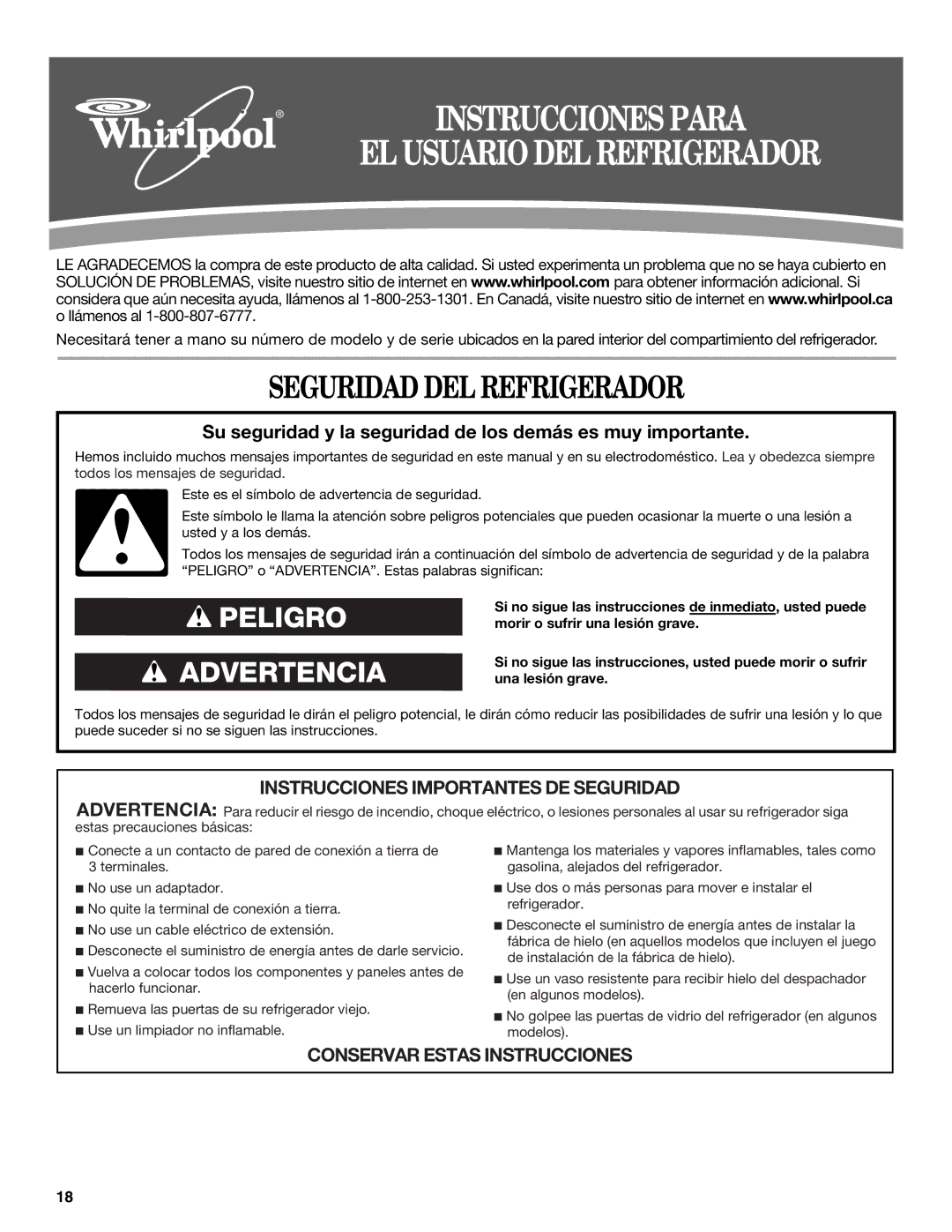 Whirlpool W10321467A installation instructions Seguridad DEL Refrigerador, EL Usuario DEL Refrigerador 