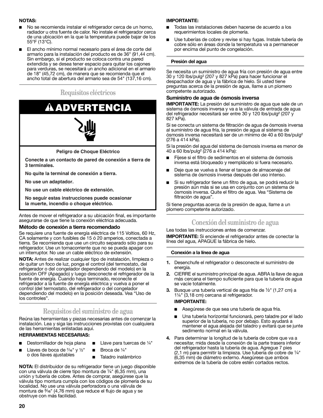 Whirlpool W10321467A Requisitos eléctricos, Requisitos del suministro de agua, Conexión del suministro de agua 