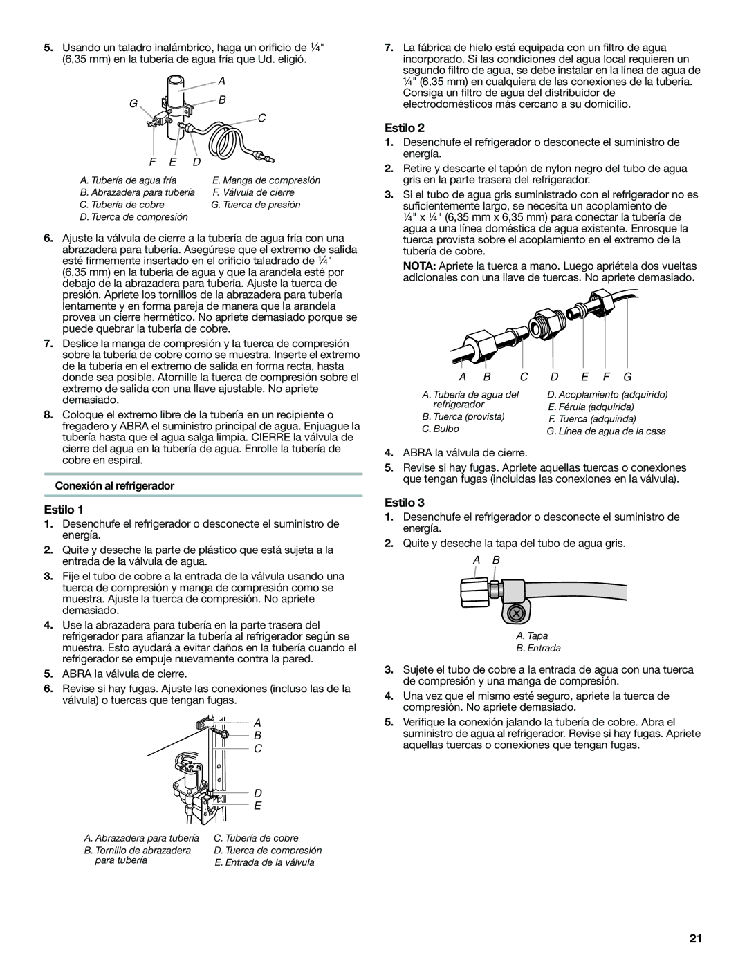 Whirlpool W10321467A installation instructions Estilo, Conexión al refrigerador 