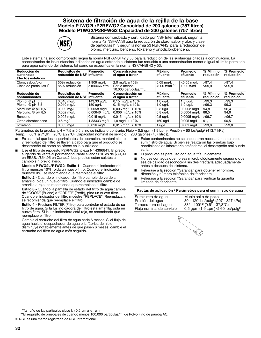 Whirlpool W10321467A installation instructions Sistema de filtración de agua de la rejilla de la base 