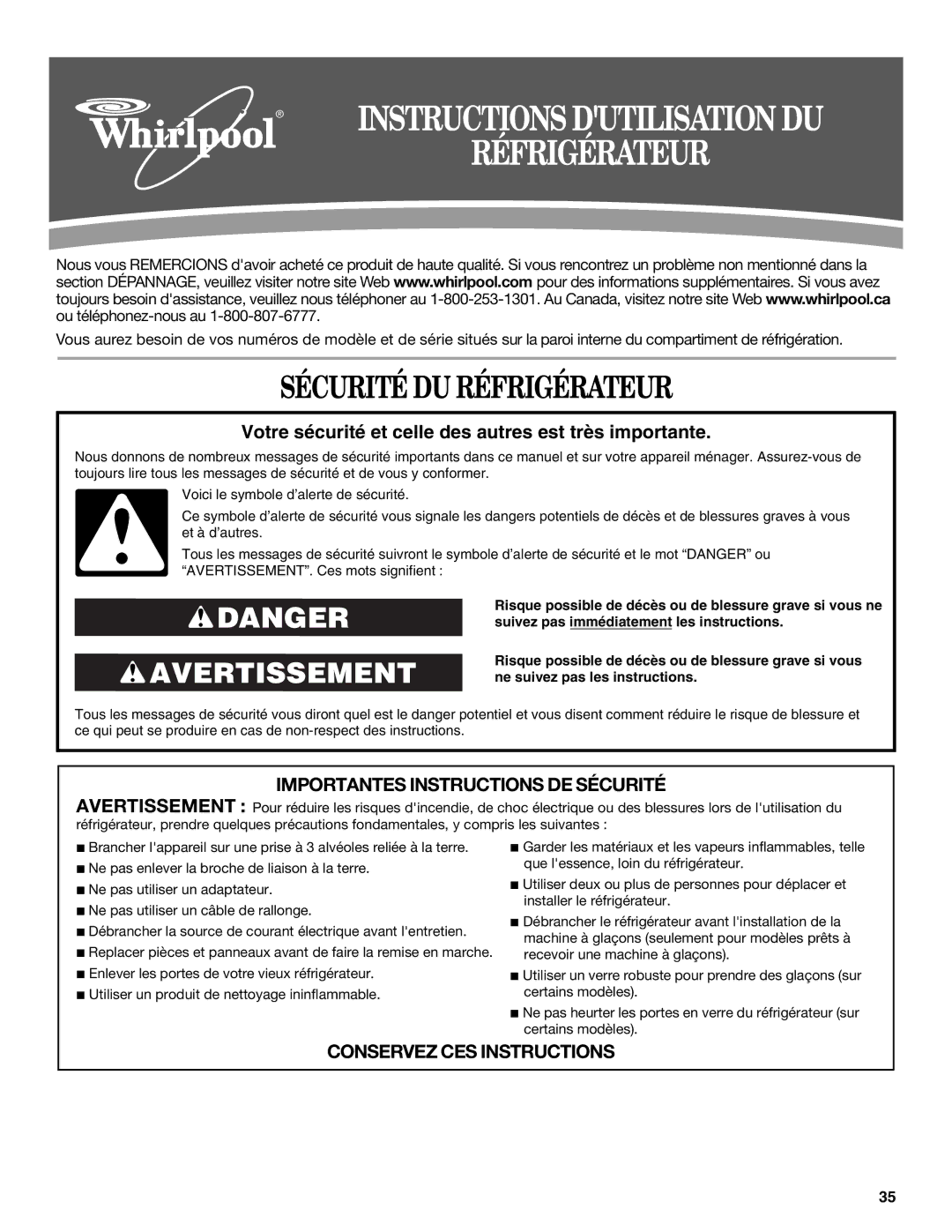 Whirlpool W10321467A installation instructions Sécurité DU Réfrigérateur 