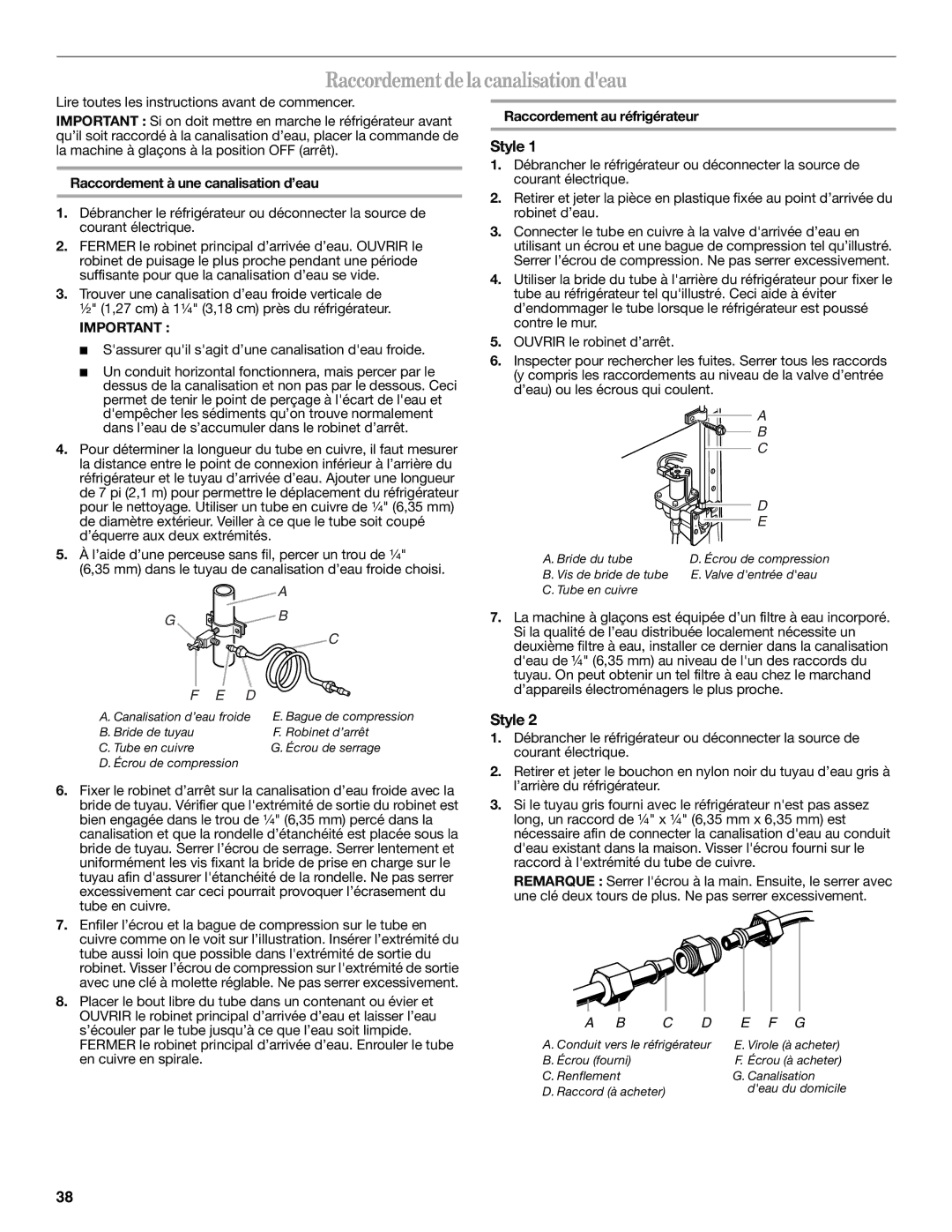 Whirlpool W10321467A installation instructions Raccordement de la canalisation deau, Raccordement à une canalisation d’eau 