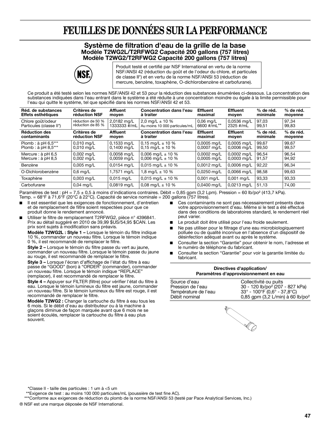 Whirlpool W10321467A Feuilles DE Données SUR LA Performance, Système de filtration deau de la grille de la base 