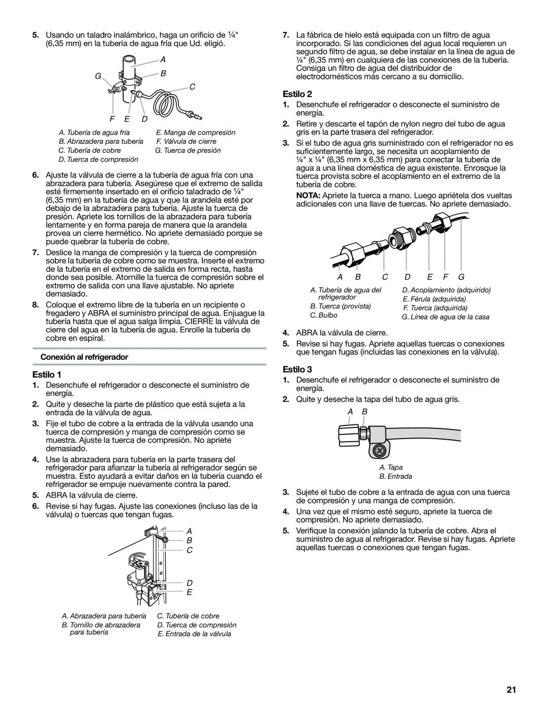Whirlpool W10321467A installation instructions Estilo, A G B C F E D, Conexión al refrigerador, E F G 