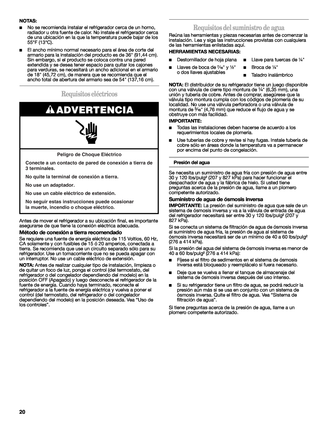 Whirlpool W10321469A Requisitos eléctricos, Requisitos del suministro de agua, Método de conexión a tierra recomendado 