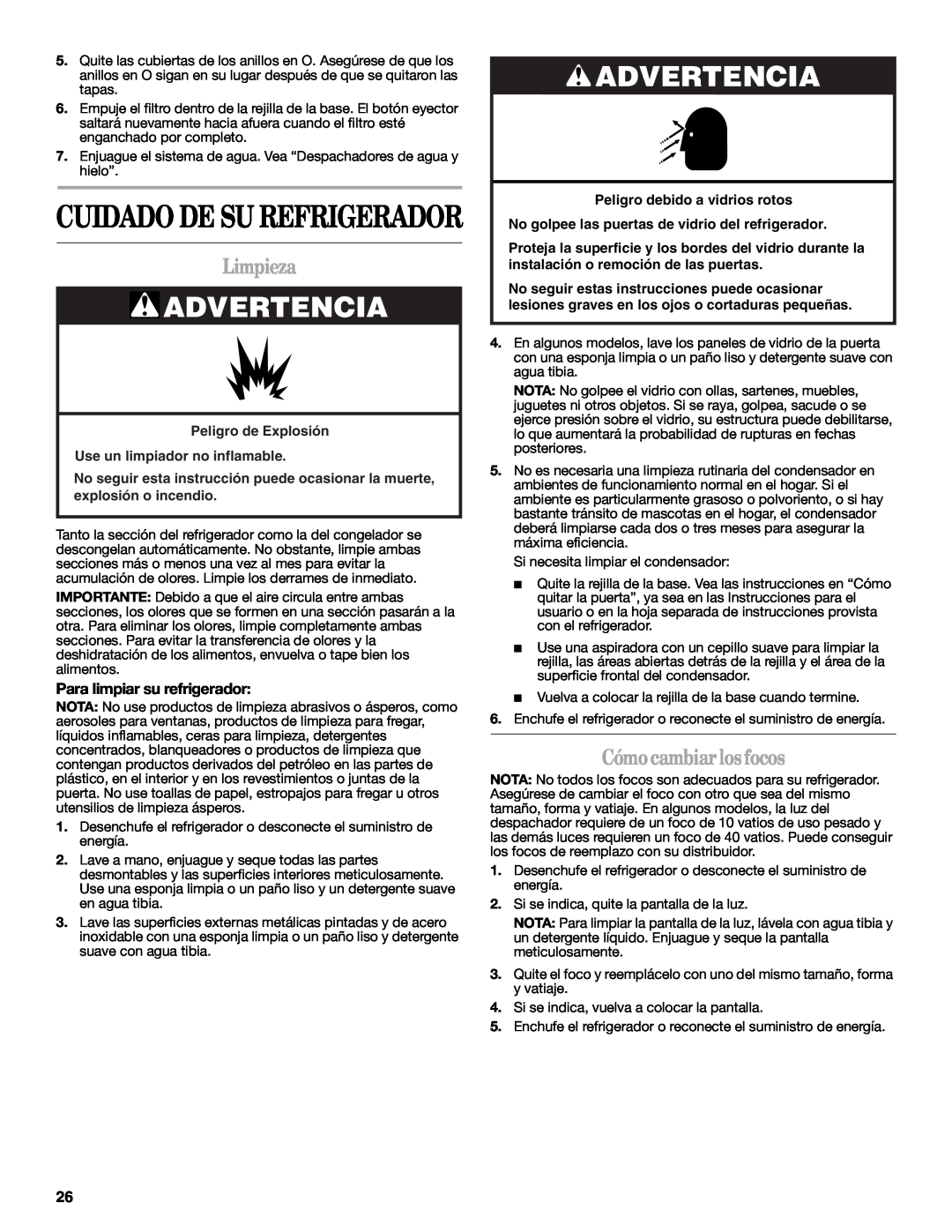 Whirlpool W10321469A Limpieza, Cómo cambiar los focos, Para limpiar su refrigerador, Peligro debido a vidrios rotos 