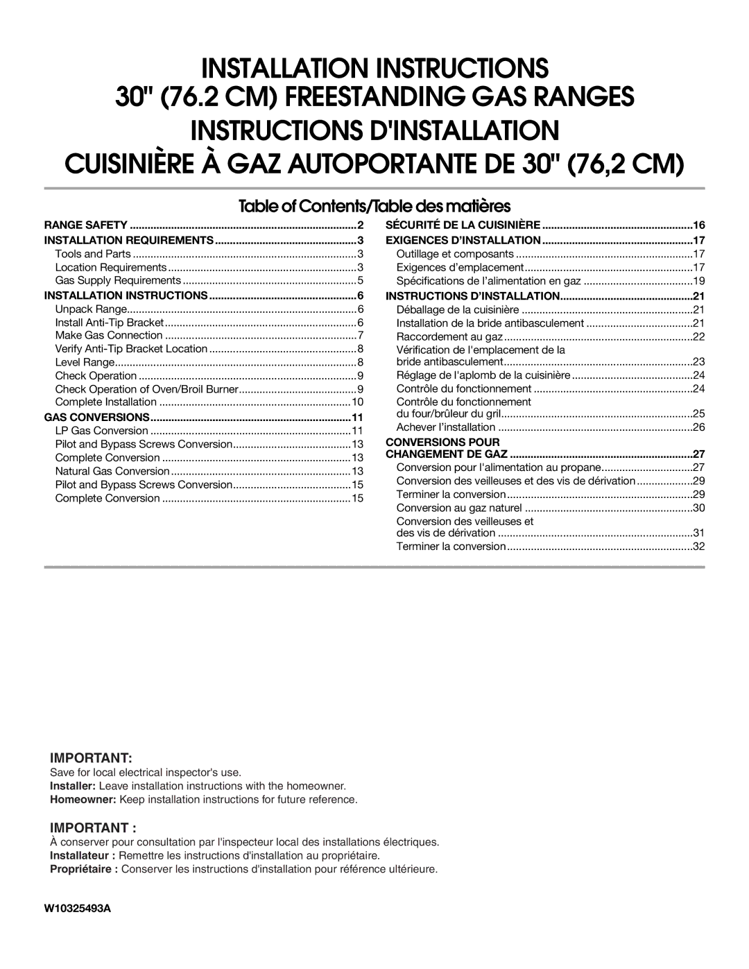 Whirlpool W10325493A installation instructions Table of Contents/Table des matières 