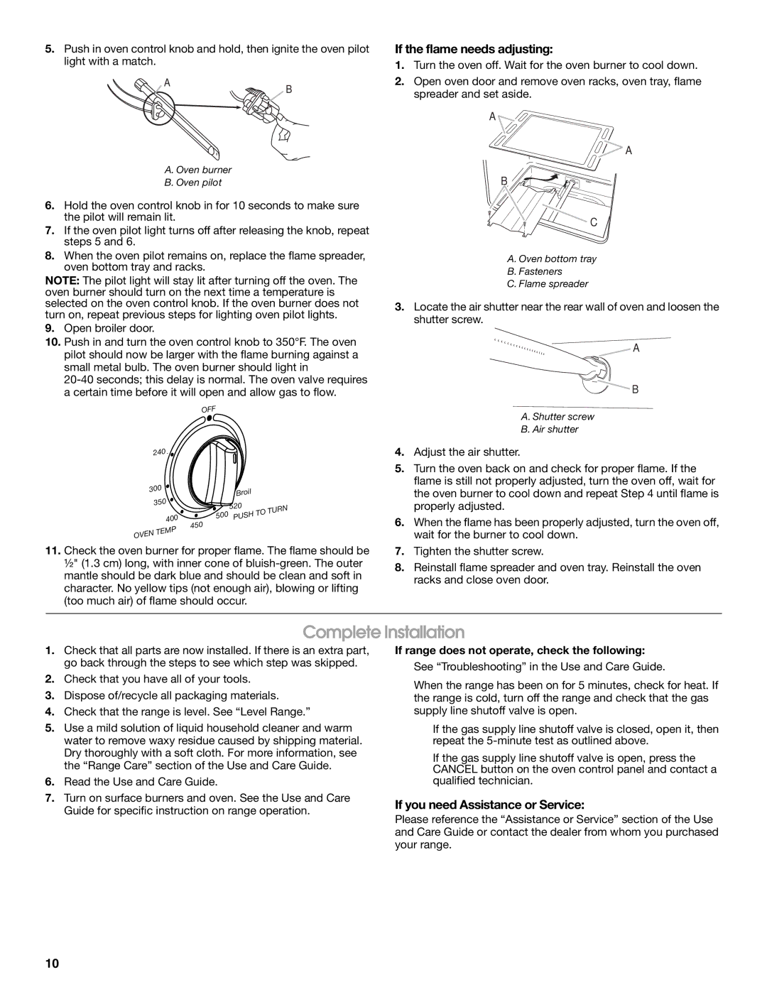 Whirlpool W10325493A Complete Installation, If the flame needs adjusting, If you need Assistance or Service 