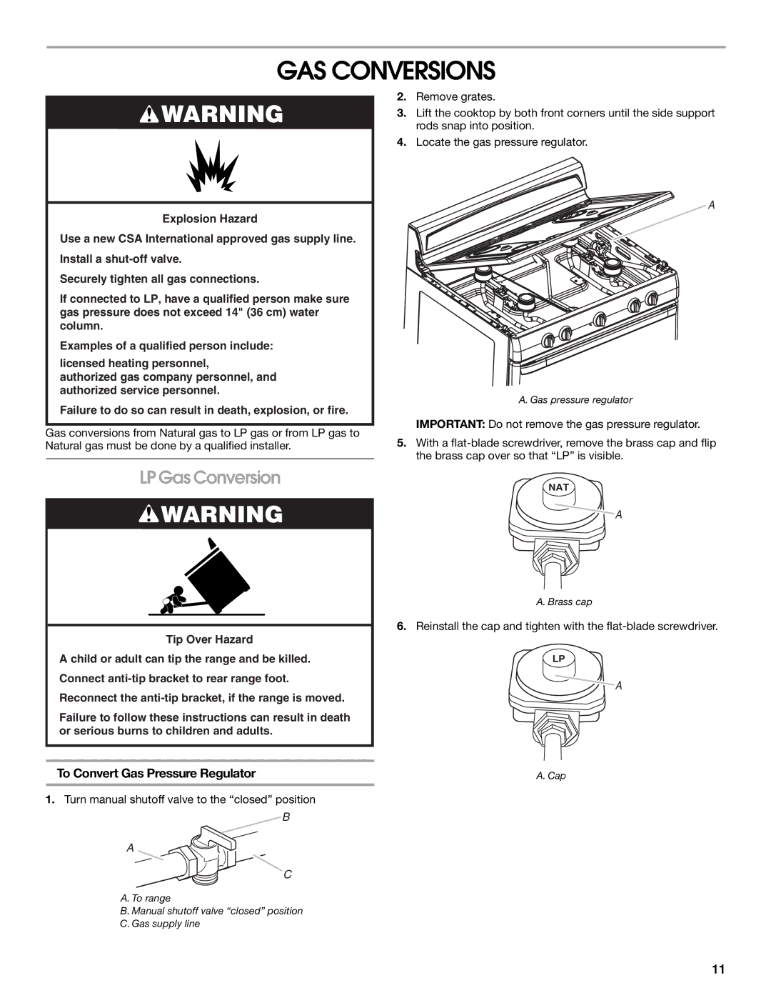 Whirlpool W10325493A installation instructions GAS Conversions, LP Gas Conversion, To Convert Gas Pressure Regulator 