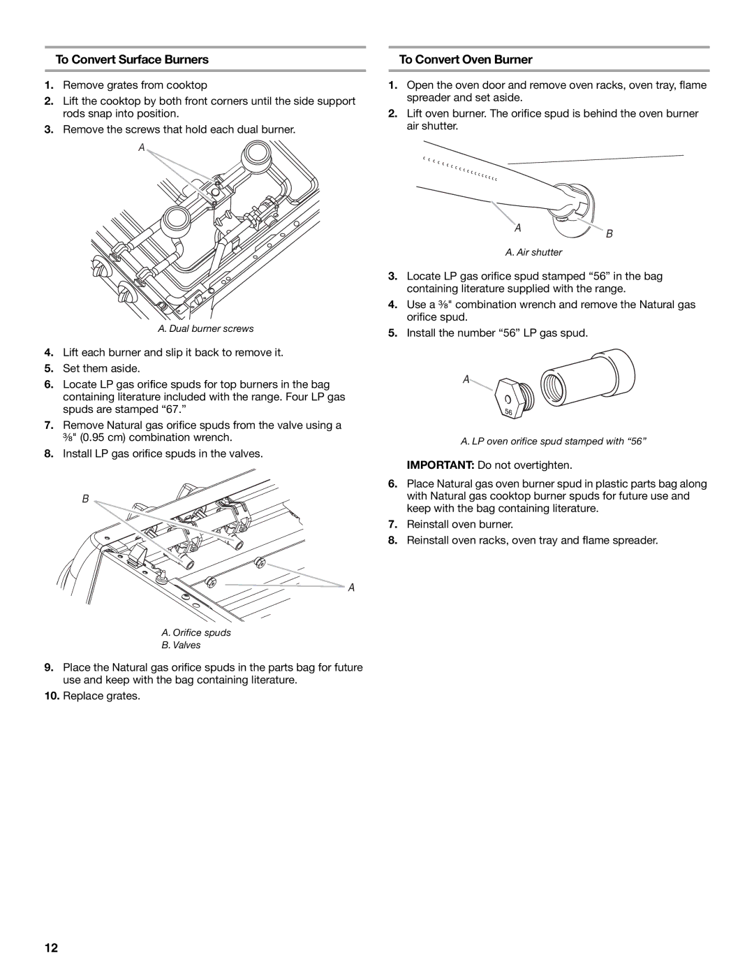 Whirlpool W10325493A installation instructions To Convert Surface Burners, To Convert Oven Burner 