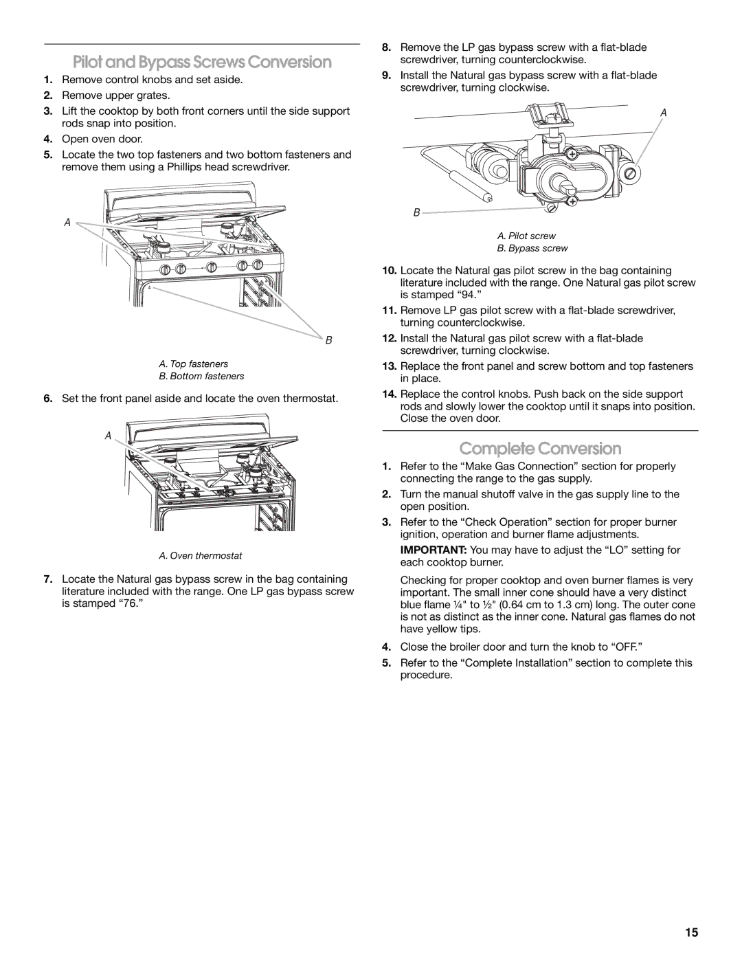 Whirlpool W10325493A installation instructions Pilot and Bypass Screws Conversion 