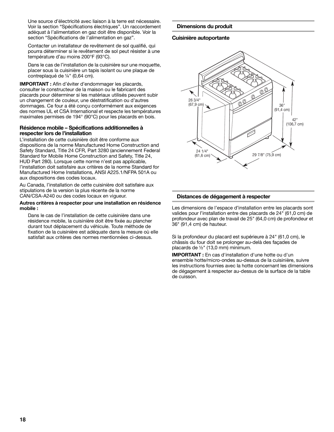 Whirlpool W10325493A Dimensions du produit Cuisinière autoportante, Distances de dégagement à respecter 