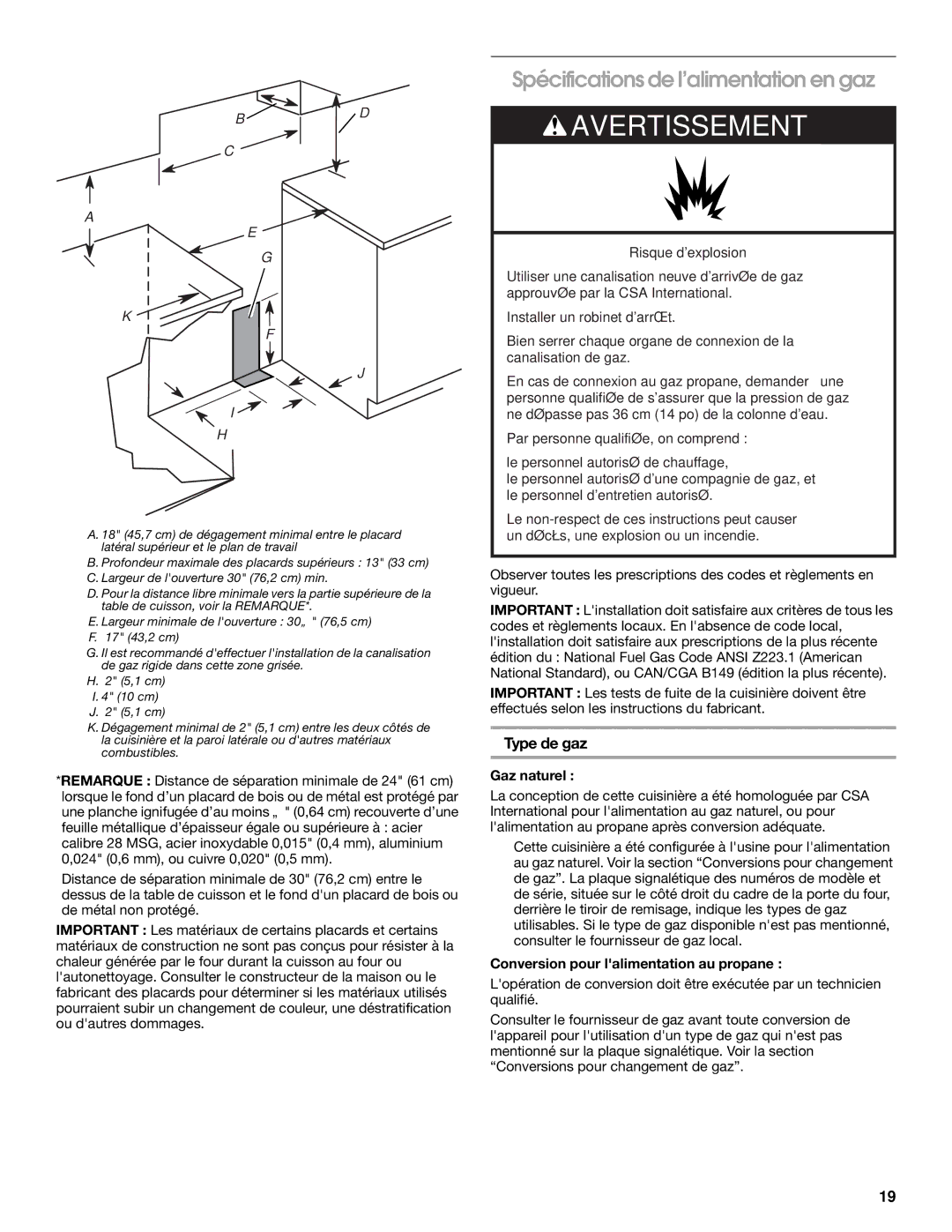 Whirlpool W10325493A installation instructions Spécifications de l’alimentation en gaz, Type de gaz, Gaz naturel 