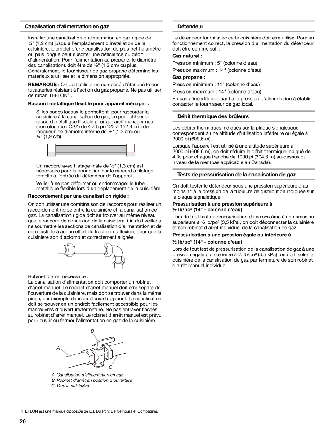 Whirlpool W10325493A installation instructions Canalisation dalimentation en gaz, Détendeur, Débit thermique des brûleurs 