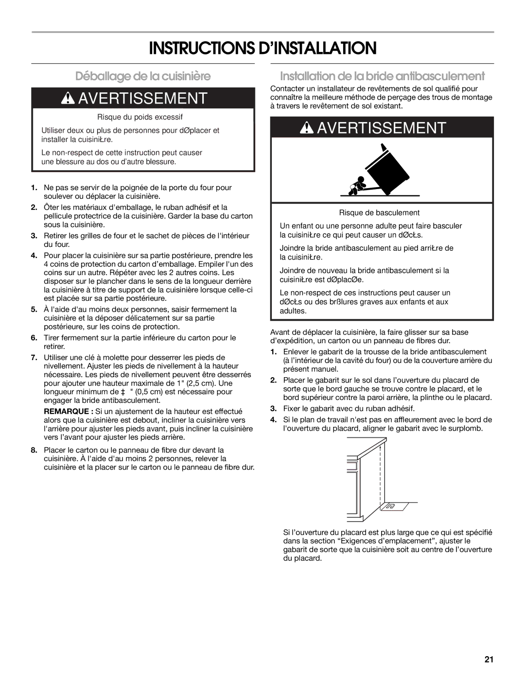 Whirlpool W10325493A Instructions D’INSTALLATION, Déballage de la cuisinière, Installation de la bride antibasculement 