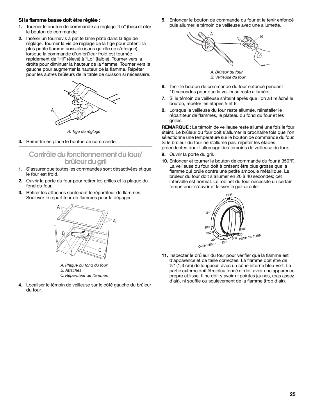 Whirlpool W10325493A Contrôle du fonctionnement du four Brûleur du gril, Si la flamme basse doit être réglée 