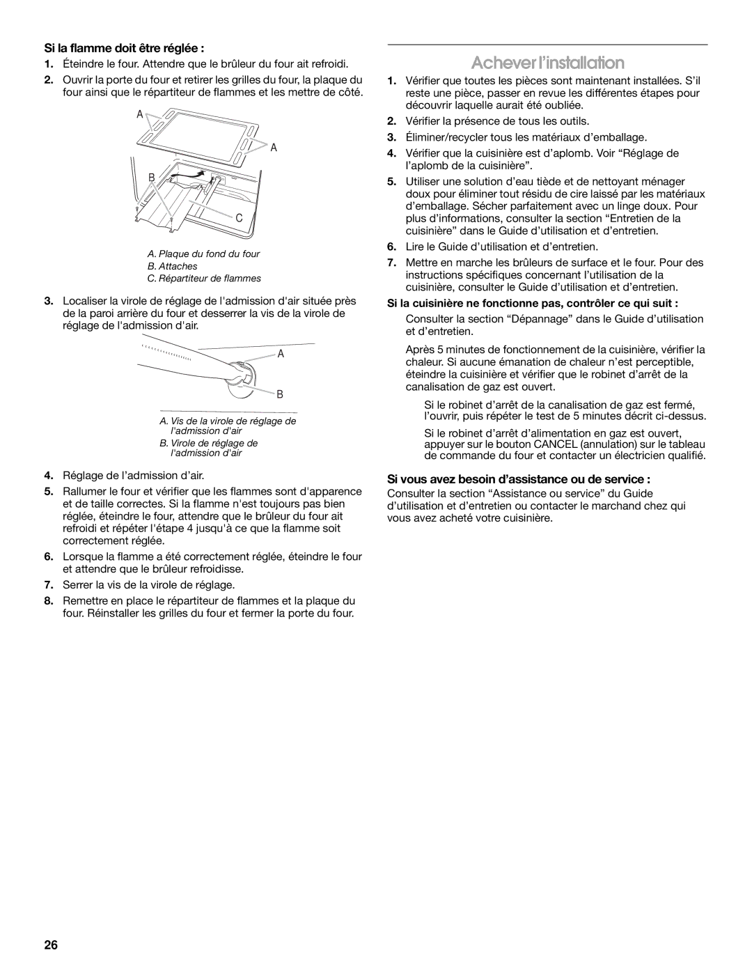 Whirlpool W10325493A Achever l’installation, Si la flamme doit être réglée, Si vous avez besoin d’assistance ou de service 