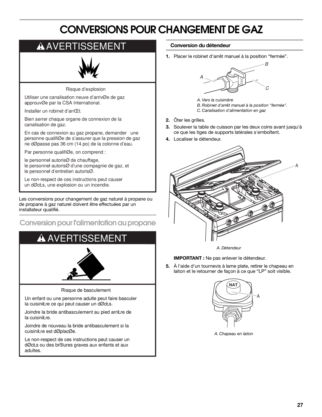 Whirlpool W10325493A Conversions Pour Changement DE GAZ, Conversion pour lalimentation au propane, Conversion du détendeur 