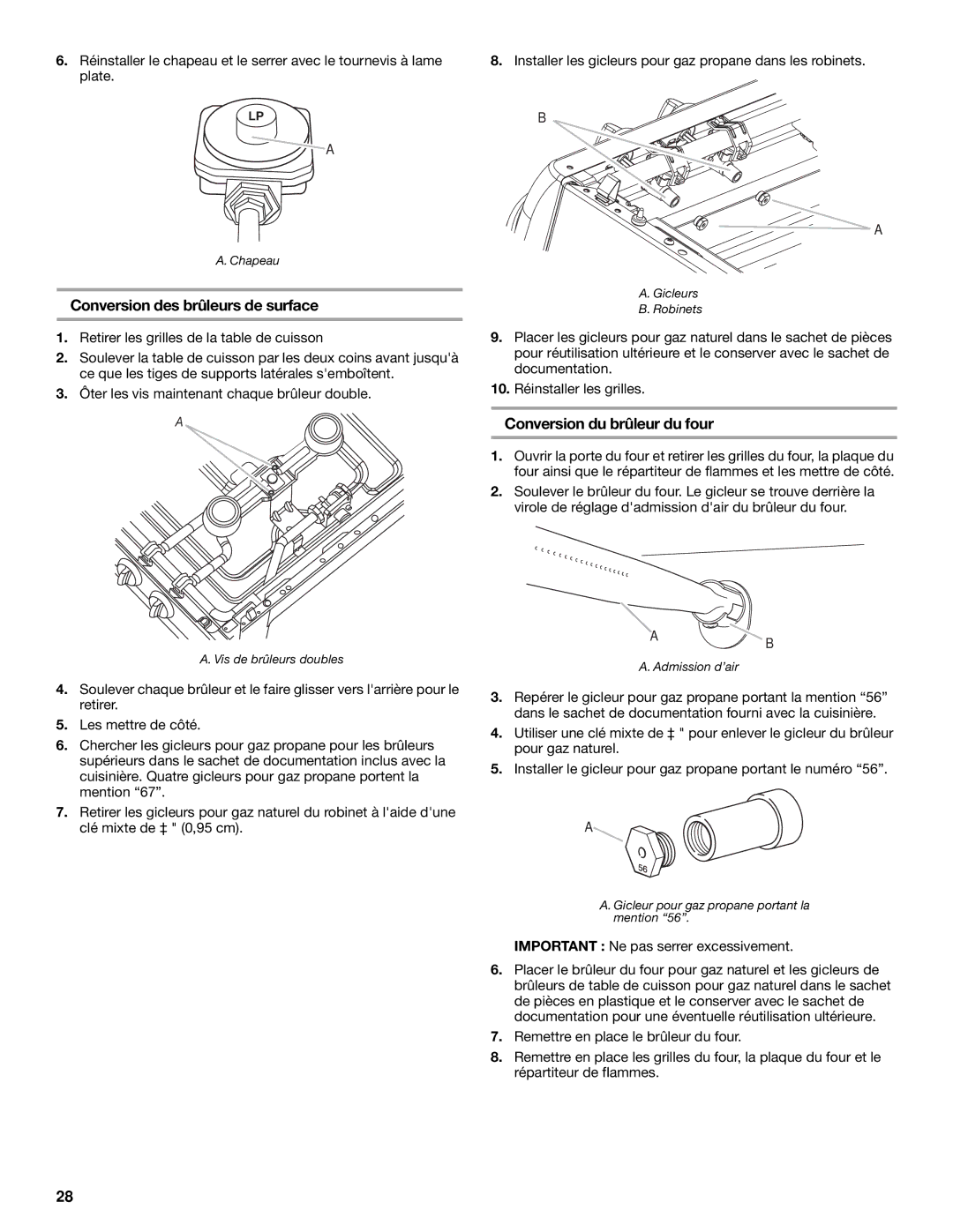 Whirlpool W10325493A installation instructions Conversion des brûleurs de surface, Conversion du brûleur du four 