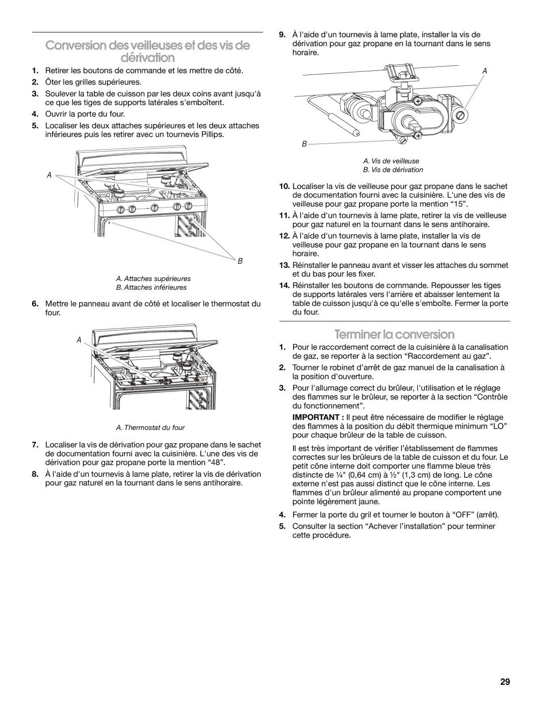 Whirlpool W10325493A installation instructions Conversion des veilleuses et des vis de Dérivation, Terminer la conversion 