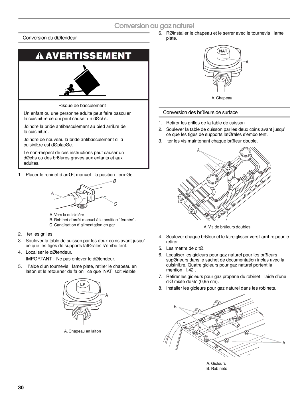 Whirlpool W10325493A installation instructions Conversion au gaz naturel, Conversion du détendeur 