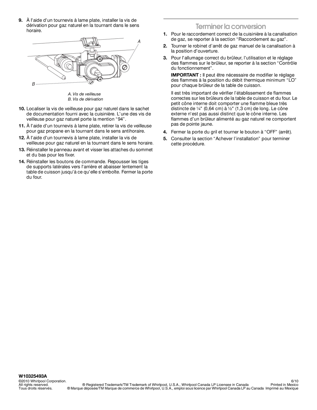 Whirlpool W10325493A installation instructions Terminer la conversion 