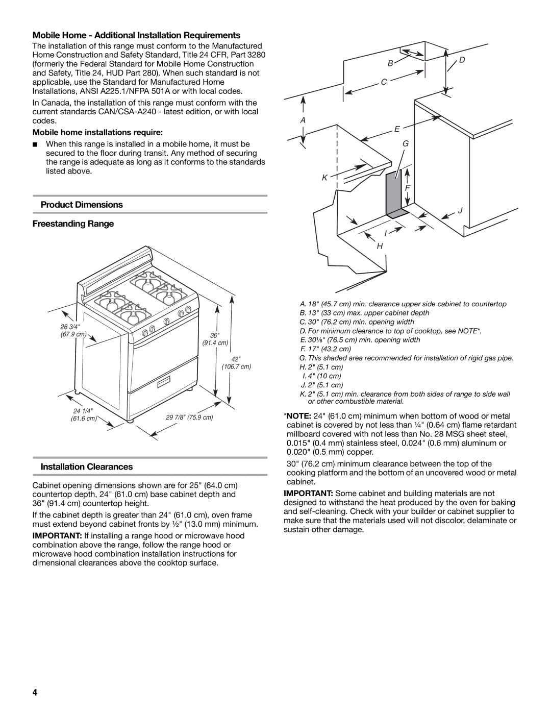 Whirlpool W10325493A Mobile Home Additional Installation Requirements, Product Dimensions Freestanding Range 