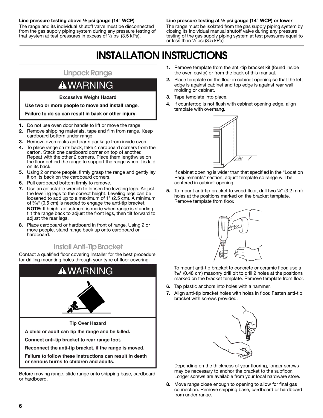 Whirlpool W10325493A installation instructions Installation Instructions, Unpack Range, Install Anti-Tip Bracket 