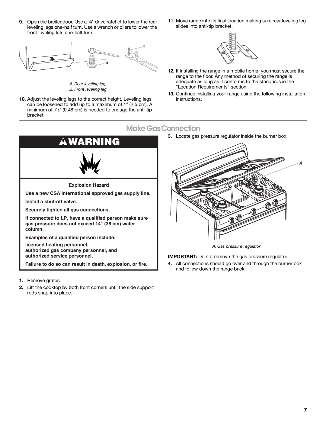 Whirlpool W10325493A installation instructions Make Gas Connection 