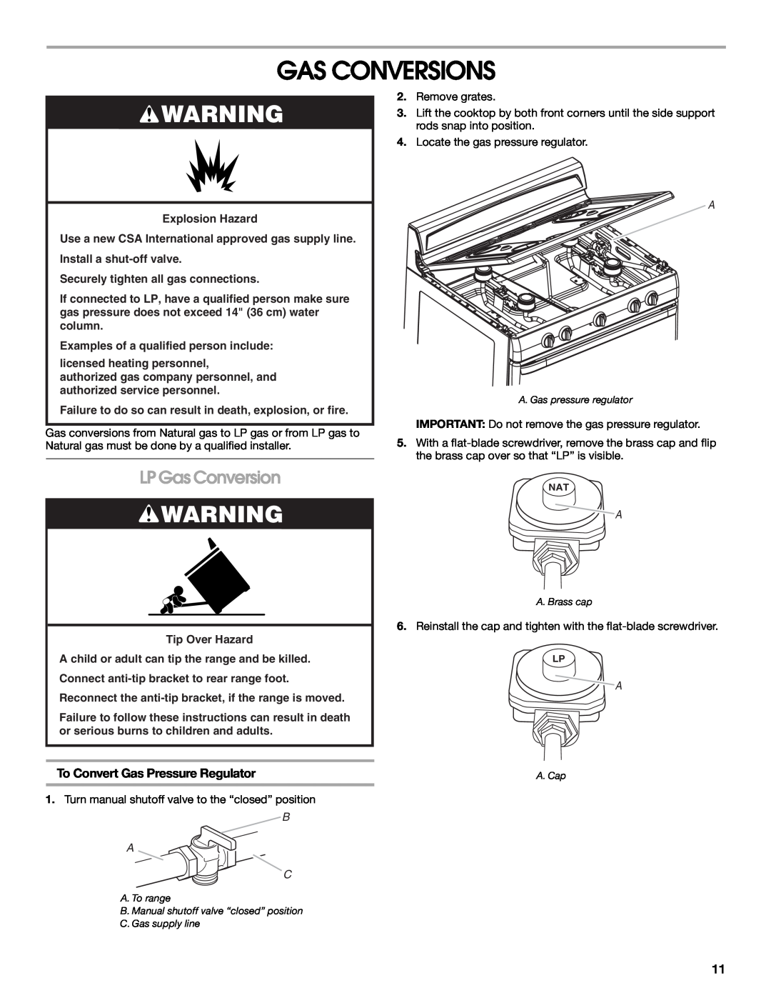 Whirlpool W10325493A installation instructions Gas Conversions, LP Gas Conversion, To Convert Gas Pressure Regulator, B A C 