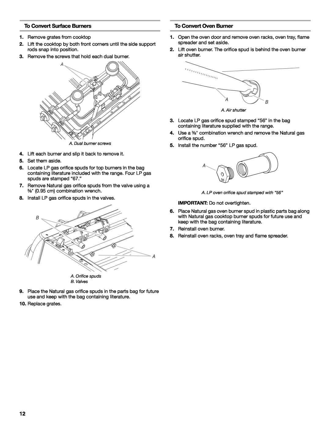 Whirlpool W10325493A installation instructions To Convert Surface Burners, To Convert Oven Burner 
