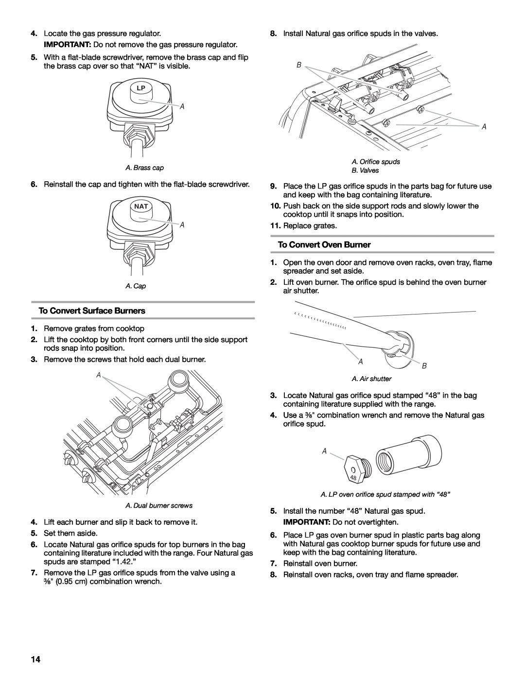 Whirlpool W10325493A installation instructions To Convert Oven Burner, To Convert Surface Burners 