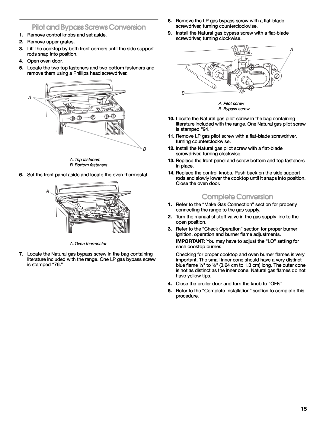Whirlpool W10325493A installation instructions Pilot and Bypass Screws Conversion, Complete Conversion 