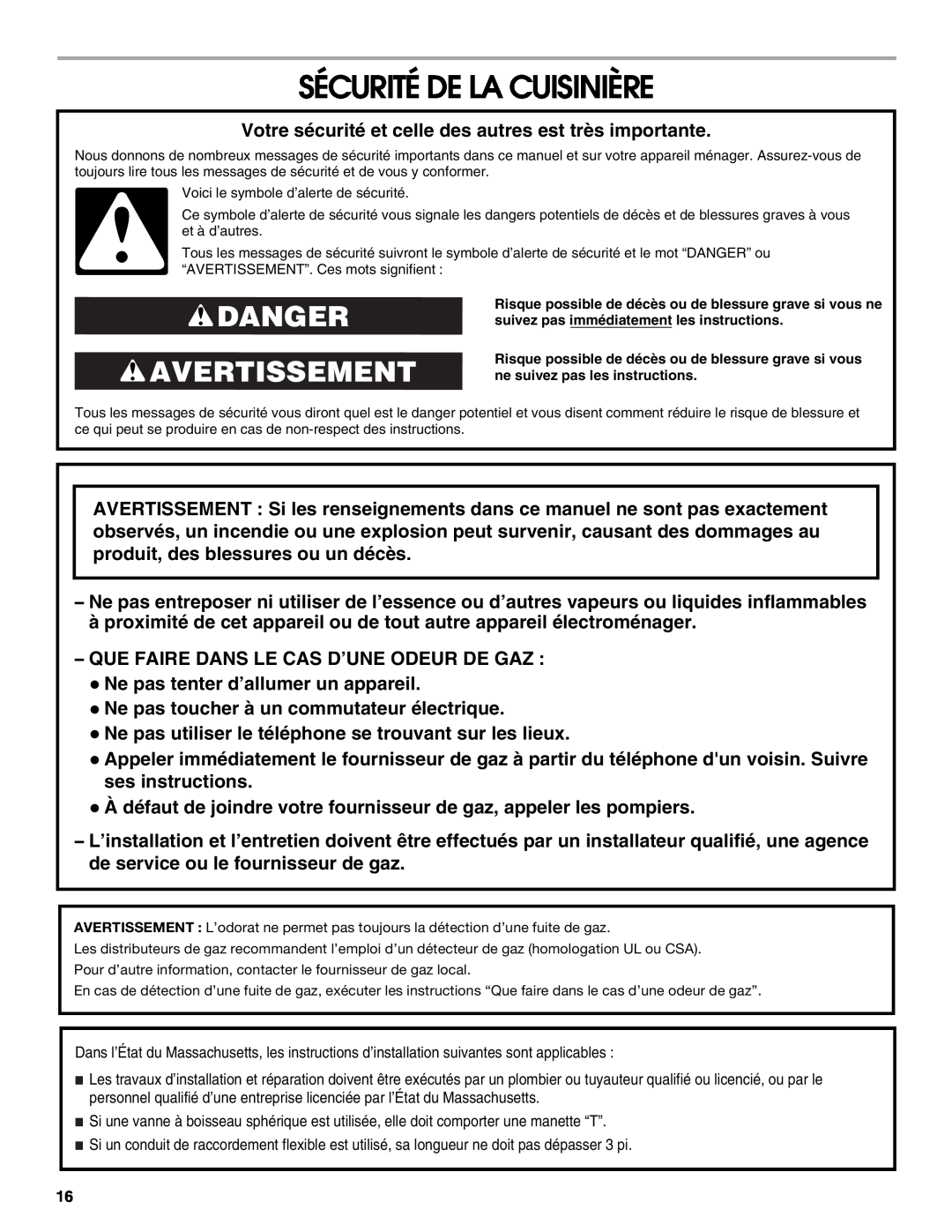 Whirlpool W10325493A installation instructions Sécurité De La Cuisinière, Danger Avertissement 