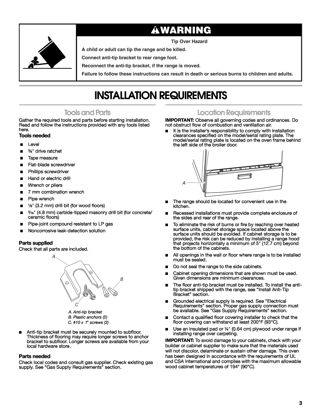 Whirlpool W10325493A Installation Requirements, Tools and Parts, Location Requirements, Tools needed, Parts supplied 